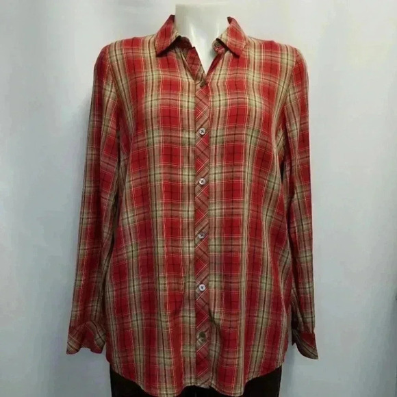 J. Jill Red Plaid Tan Black Plaid Button Front Rayon Blouse Top Small Christmas - Picture 1 of 9